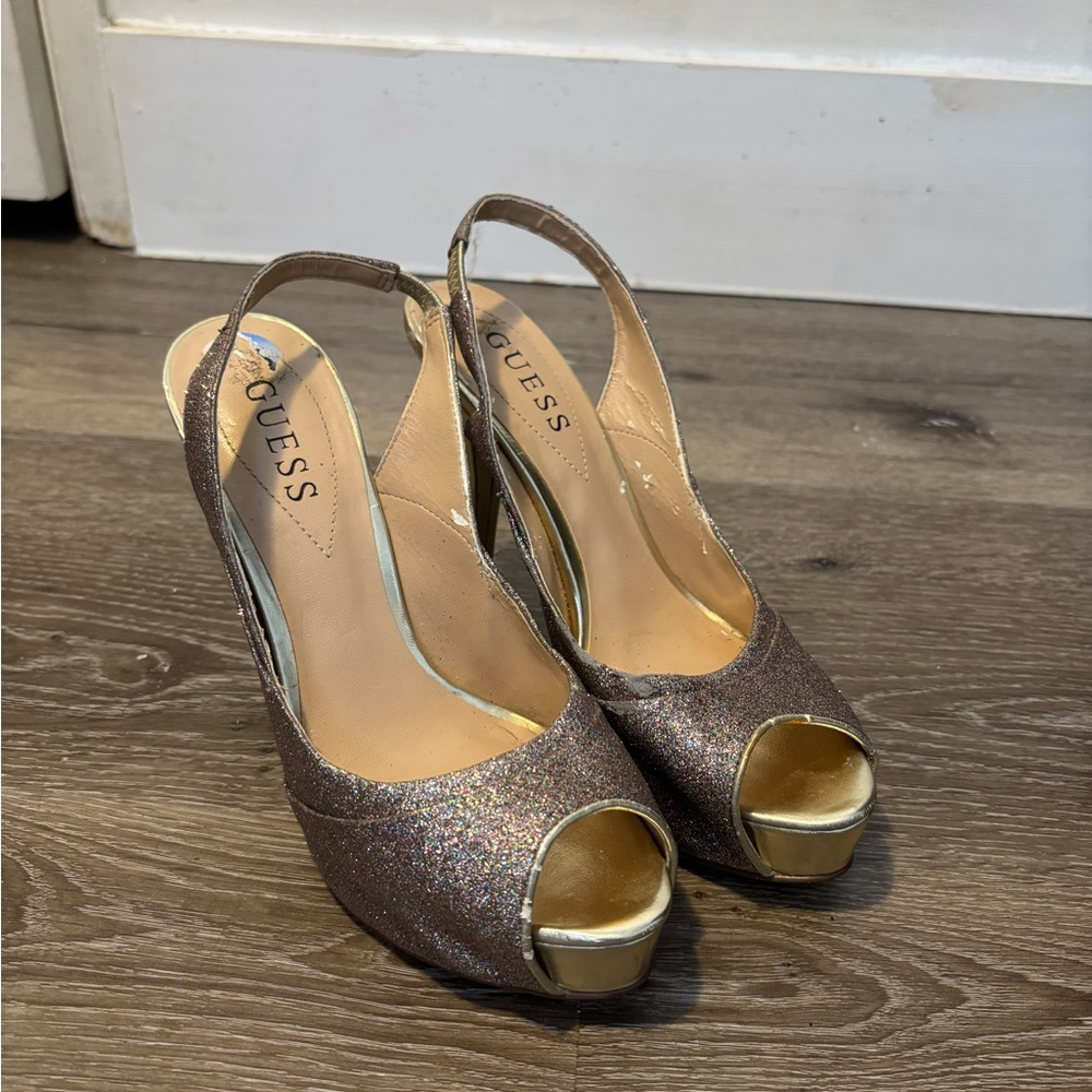 Guess Gold Glitter Heels Peep Toe